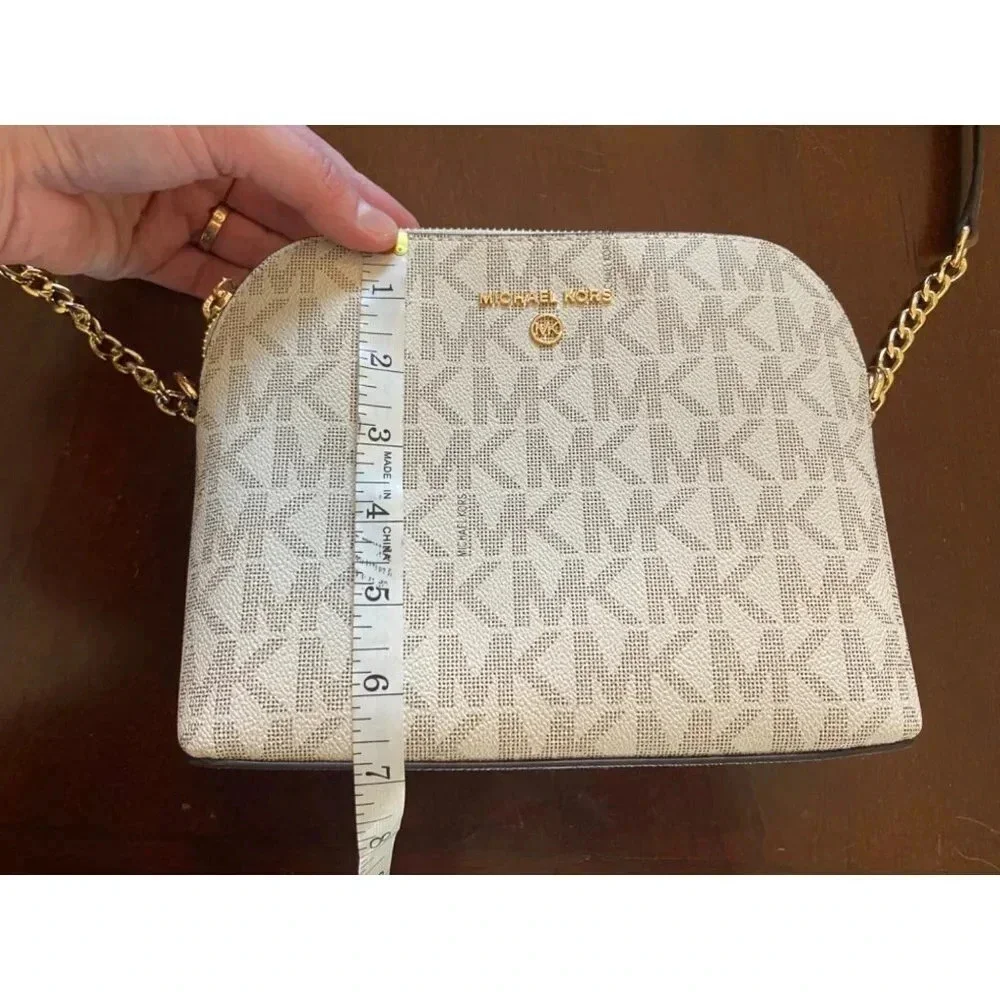 Michael Kors Dome Crossbody Bag Signature Logo Brown Leather Strap Gold Details